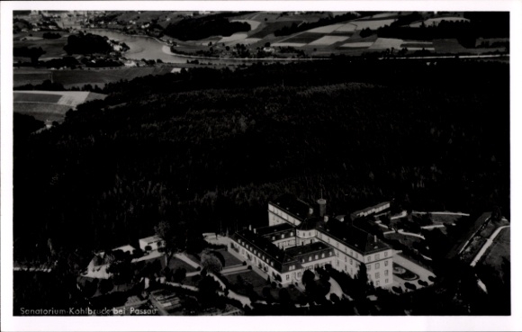 Postcard Kohlbruck Passau in Lower Bavaria, aerial view of the Kohlbruck Sanatorium, surrounding landscape