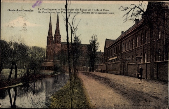 CPA Oostacker Lourdes Flandre orientale, Basilique et Pensionnat des Soeurs de l'Enfant Jésus