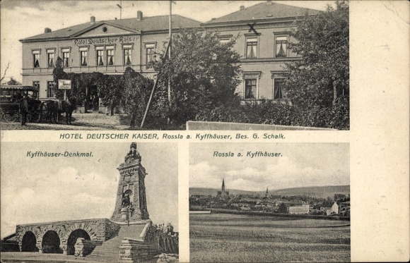 Postcard Roßla am Harz, Hotel Deutscher Kaiser, Kyffhäuser Monument, place