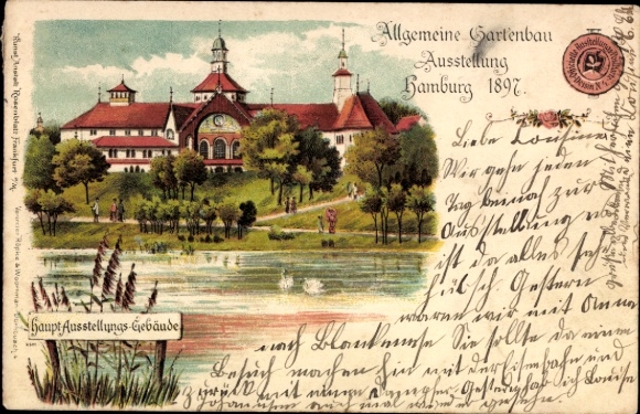 Litho Hamburg Mitte Altstadt, Allgemeine Gartenbau Ausstellung 1897, Hauptausstellungsgebäude