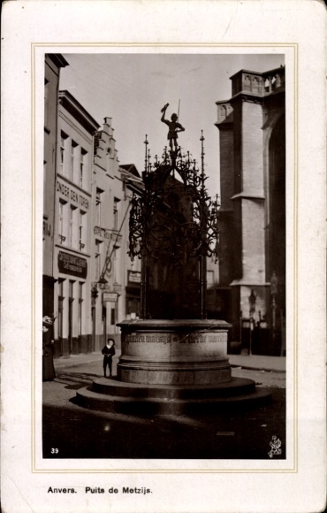 Ak Anvers Antwerpen Vlaanderen, fontein met standbeeld, straat, gebouw, Puits de Metzijs