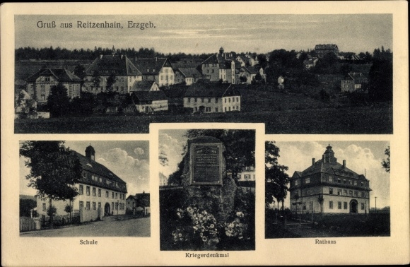 Ansichtkaart Reitzenhain Marienberg im Erzgebirge, overzicht, school, oorlogsmonument, gemeentehuis