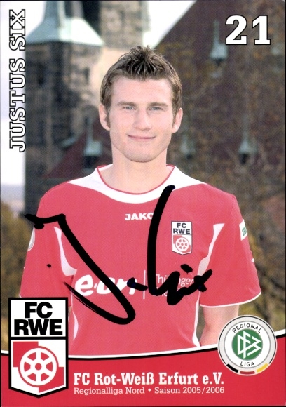 Autograph card footballer Justus Six, FC Rot-Weiß Erfurt, autograph