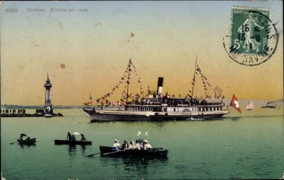 Postcard Genève Geneva City, Entrance on the wheel, saloon steamer Italie, signal tower