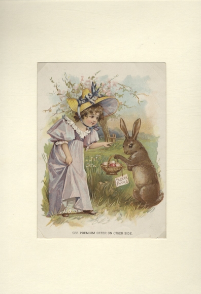 Wafer / lacquer picture girl with large straw hat, Easter bunny with Easter basket, approx. 17.5 x 13 cm