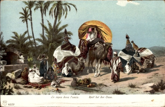Postcard caravan resting in an oasis, camels