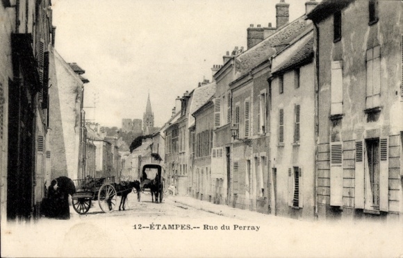 Ak Étampes Essonne, Straße Rue du Perray, Pferdewagen, Häuser, Schwarz-Weiß-Foto