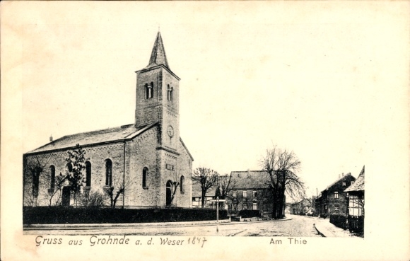 Ak Grohnde Emmerthal an der Weser, Am Thie, Kirche
