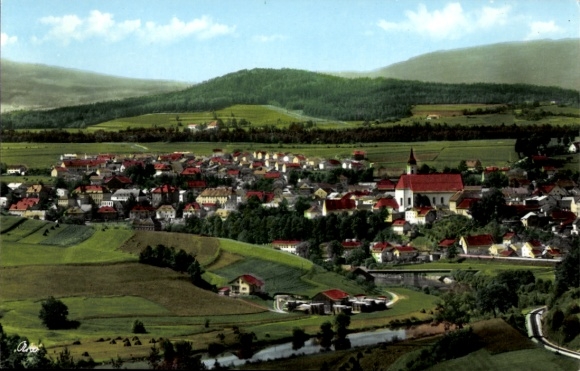 Postcard Riedmühle Viechtach in the Bavarian Forest, Lower Bavaria, landscape with church, houses, meadow...
