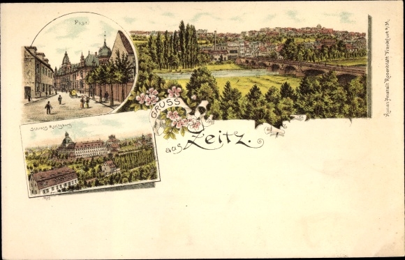 Litho Zeitz an der Weißen Elster im Burgenlandkreis, Schloss Moritzburg, Post, Panorama vom Ort