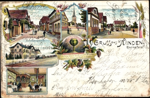 Chromo-Litho Winden Palatinate, train station, upper and lower main streets, Prot. Church