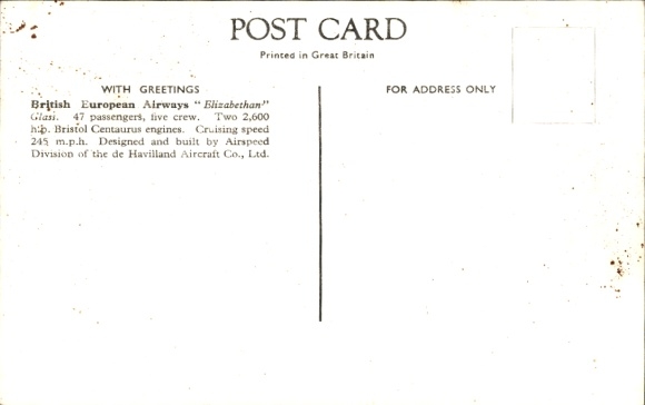 Postcard British passenger aircraft, British European Airway, Elizabethan Class Aeroplane