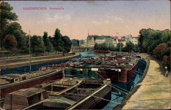 PC Saarbrücken in Saarland, Saarpartie, ships, waterway, trees, city view