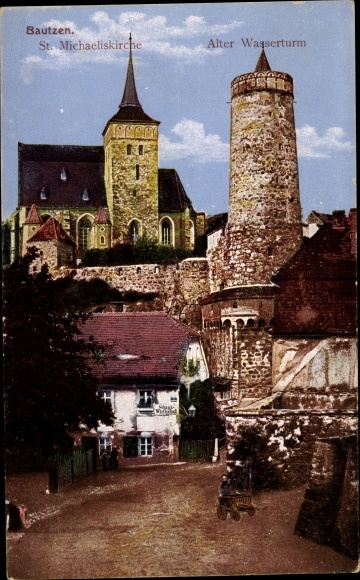Postcard Bautzen in Lusatia, St. Michaeliskirche, old water tower, pub