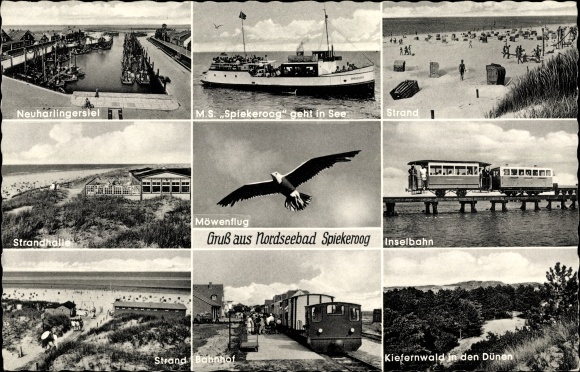 Postcard Nordseebad Spiekeroog in Ostfriesland, island railway, pine forest, train station, beach, Neuharlingersiel