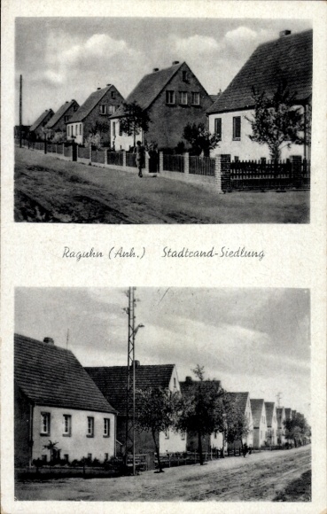 Ak Raguhn in Anhalt, Stadtrand-Siedlung, mehrstöckige Häuser, ländliche Umgebung, charmante Archi