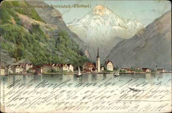 Chromo-Litho Flüelen Canton of Uri Switzerland, Lake Uri, Bristenstock, view of the town, mountain face