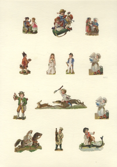 13 wafers children playing and as cook, hunter, fisherman, soldier, approx. 4 x 9 cm to 4.5 x 1.5 cm