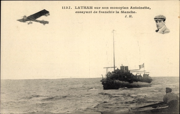 Postcard Latham on his Antoinette monoplane, trying to cross the English Channel