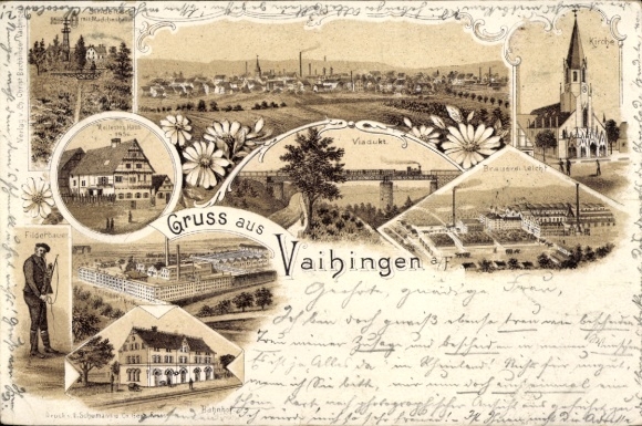 Chromo-Litho Vaihingen on the Fildern Stuttgart on the Neckar, church, brewery, factory, viaduct