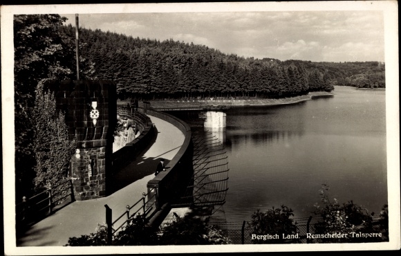 Postcard Remscheid in the Bergisches Land, dam, view along the dam wall