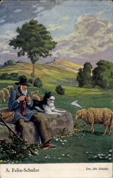 Artist Postcard Felix Schulze, A., The old shepherd, dog