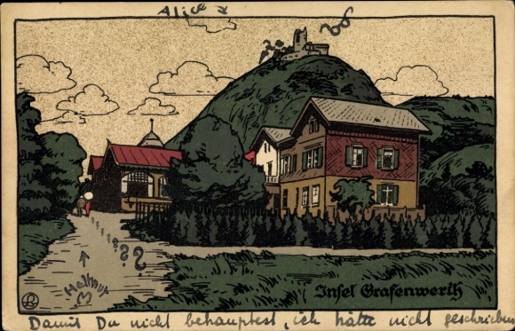 Lithograph Postcard Bad Honnef am Rhein, Grafenwerth Island