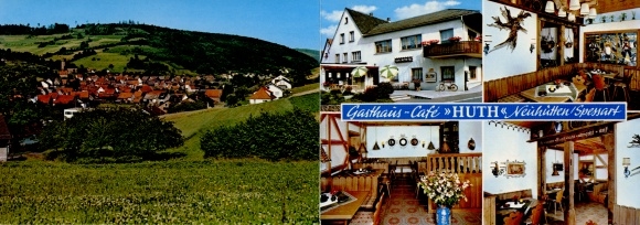 Postcard Neuhütten im Spessart, Gasthaus-Cafe Huth, general view, map