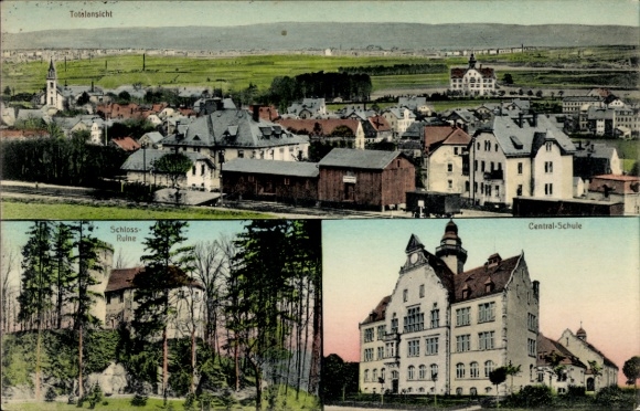 Postcard Rabenstein Chemnitz in Saxony, general view, castle ruins, train station, school
