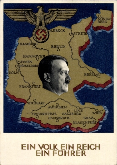 Postcard One People One Reich One Leader, Propaganda, Eagle, Map, Third Reich