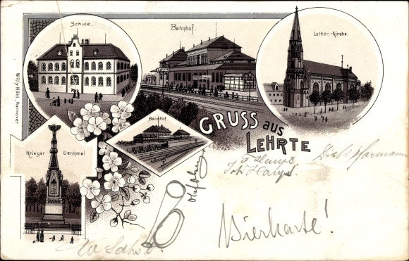 Chromo-Litho Lehrte Lower Saxony, school, train station, monument, church