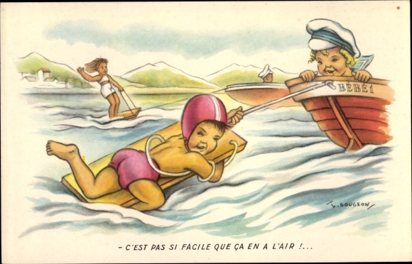Artist Postcard Gougeon, It&#39;s not as easy as it looks, Wasserski
