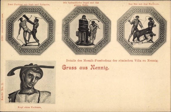 Postcard Nennig Perl on the Moselle, details of the mosaic floor in the Roman villa, fencer, bear