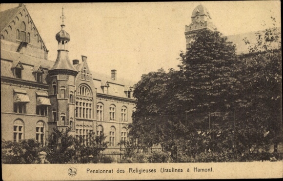 Ansichtkaart Hamont Vlaanderen Limburg, Pensionnat des Religieuses Ursulinen, gebouw, bomen, ansichtkaart