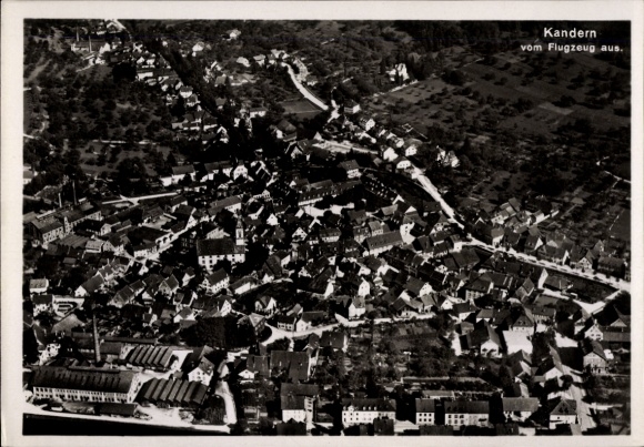 Postcard Kandern in the Black Forest Baden, aerial view of many roofs, green areas,