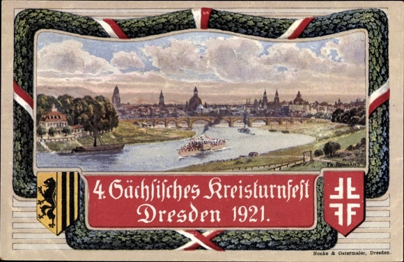 Artist PC Rowland, Dresden center old town, 4th Saxon district gymnastics festival 1921, city view