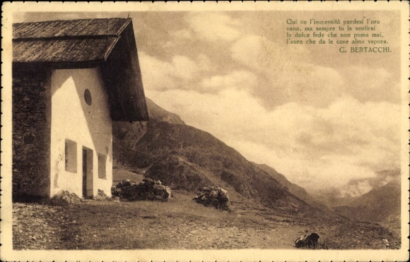 Postcard Italy, mountain hut, poem by C. Bertacchi
