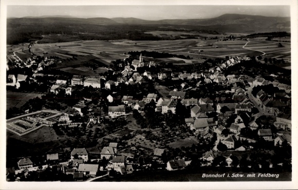Postcard Bonndorf in the Black Forest, aerial view of Feldberg in the background, city view