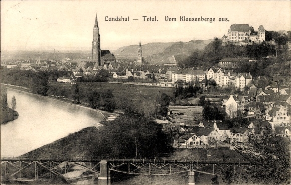 Postcard Landshut in Lower Bavaria, landscape, cityscape, church, river, architecture