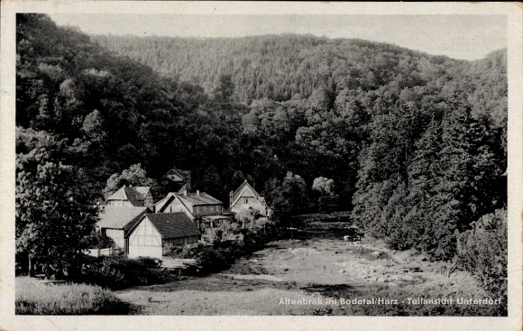 Postcard Altenbrak Thale in the Harz Mountains, beautiful landscape, houses by the river, wooded hills in the background...