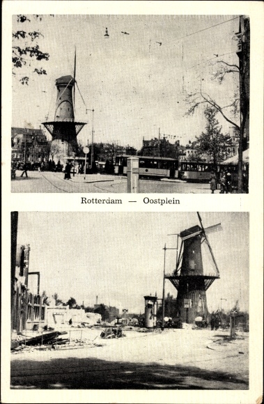 PC Rotterdam, Oostplein, windmill, tram, ruins, destruction during World War II