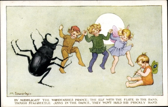 Kunstenaar Ak Sowerby, M., Bij maanlicht steigeren de Woodfairies, elf, hertkever