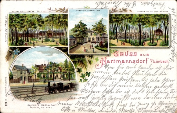 Chromo-Litho Hartmannsdorf Reichenau in the Erzgebirge, Bahnhof-Restaurant, Park-Restaurant