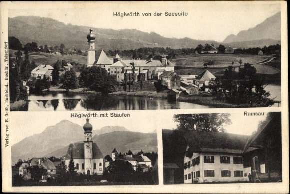 Postcard Höglwörth Anger in Upper Bavaria, view of the village from the lake side, Staufen, Ramsau