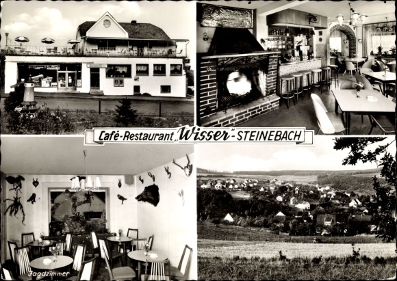 Postcard Steinebach in the Westerwald, general view, Café Restaurant Wisser, miniature windmills