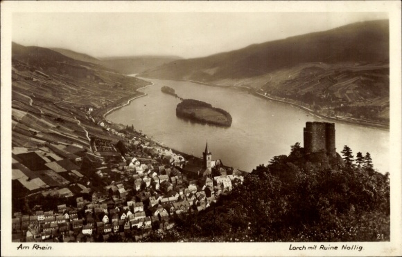 Postcard Lorchhausen Lorch am Rhein Hesse, landscape photograph, Rhine, Nollig ruins, town of Lorch, his...