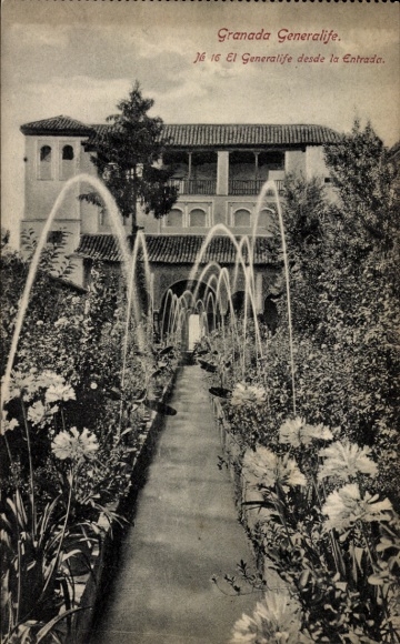 Postcard Granada Andalusia Spain, Granada Generalife, garden with flowers, fountain, entrance