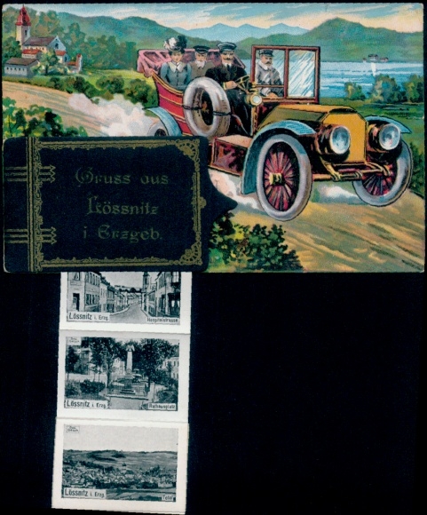 Leporello Postcard Lößnitz Lössnitz in the Ore Mountains, automobile, Hospitalstraße, square, general view