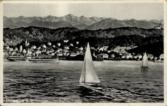 Postcard Herrsching am Ammersee, view of the shore, sailboats, mountains