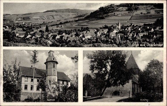 Postcard Oberschüpf Boxberg in Baden, church, castle, total view